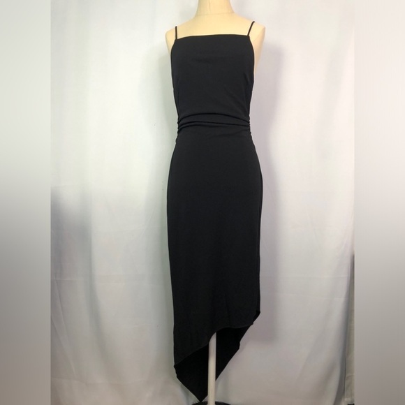 RIMINI Black Midi Asymmetric Bias Cut Square Neck Stretch Dress Size 6 - Picture 1 of 11